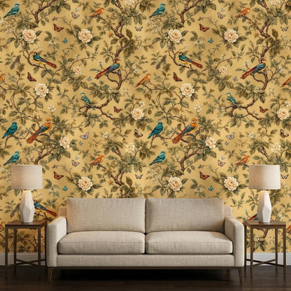 Chinoiserie Floral Gold Wallpaper, Botanical Birds, Butterfly Mural (Custom Sizing)
