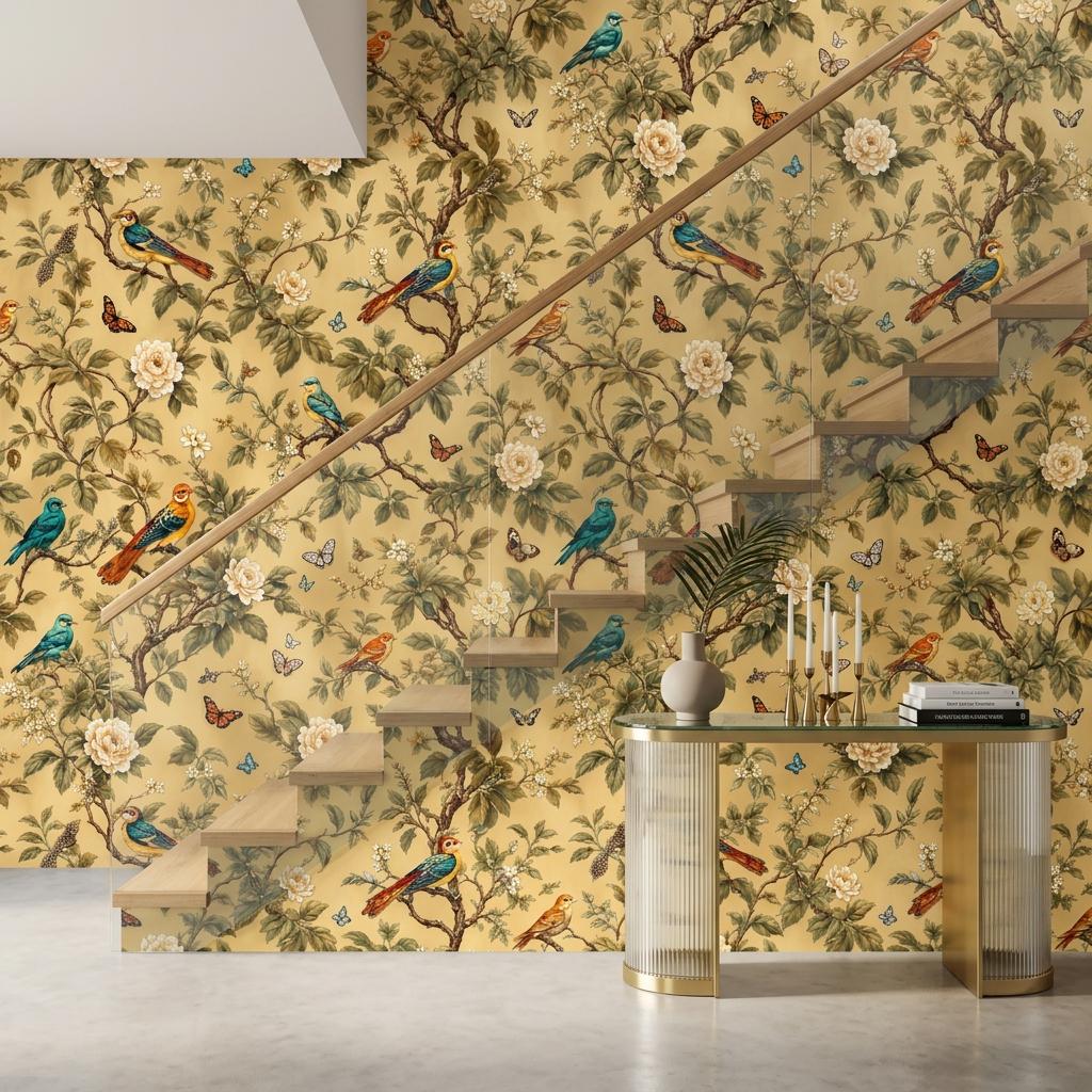 Chinoiserie Floral Gold Wallpaper, Botanical Birds, Butterfly Mural (Custom Sizing)