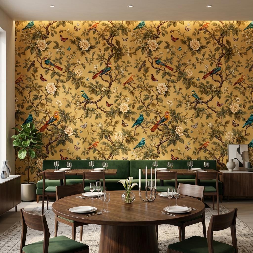 Chinoiserie Floral Gold Wallpaper, Botanical Birds, Butterfly Mural (Custom Sizing)