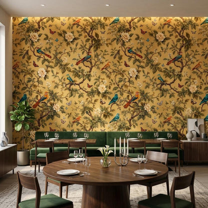 Chinoiserie Floral Gold Wallpaper, Botanical Birds, Butterfly Mural (Custom Sizing)