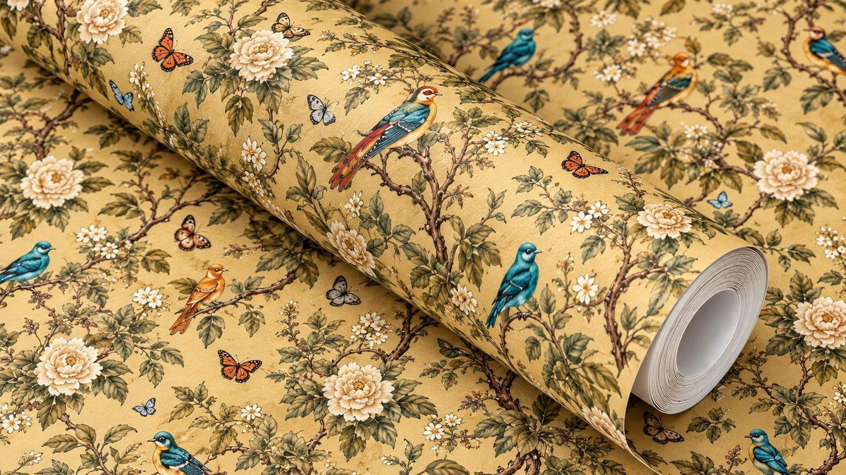 Chinoiserie Floral Gold Wallpaper, Botanical Birds, Butterfly Mural (Custom Sizing)