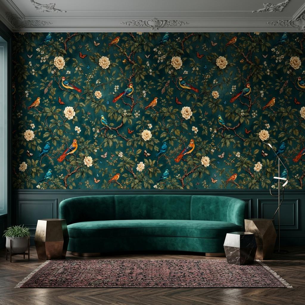 Vintage Chinoiserie Bird Floral Wallpaper, Teal Botanical Mural, Peel & Stick Wall Decor