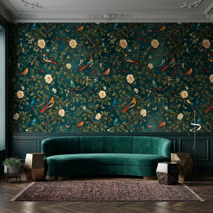 Vintage Chinoiserie Bird Floral Wallpaper, Teal Botanical Mural, Peel & Stick Wall Decor