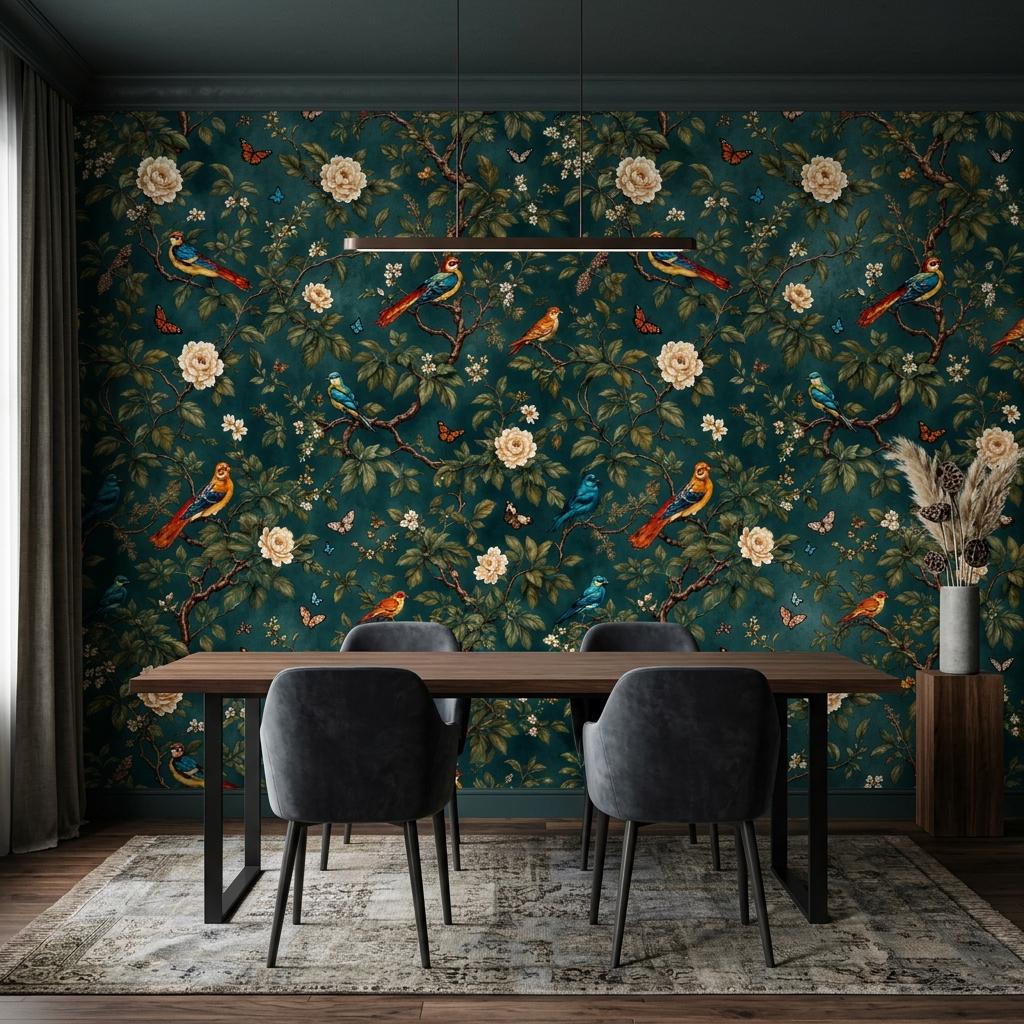 Vintage Chinoiserie Bird Floral Wallpaper, Teal Botanical Mural, Peel & Stick Wall Decor