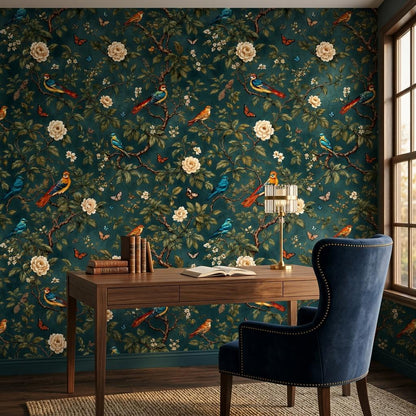 Vintage Chinoiserie Bird Floral Wallpaper, Teal Botanical Mural, Peel & Stick Wall Decor