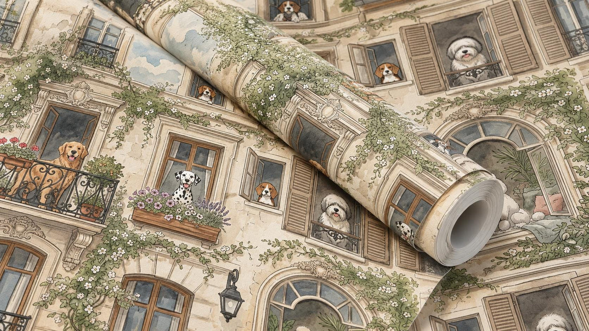Dog Wallpaper, Whimsical Watercolor , European City Mural, Vintage Animal Wall Decor