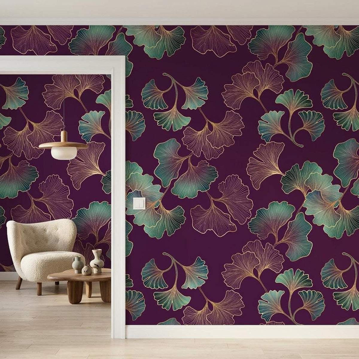 Art Deco Ginkgo Leaf Wallpaper Purple Gold Botanical Mural, Elegant Dark Floral Wall Decor, Luxury Bedroom Accent, Peel and Stick Paper