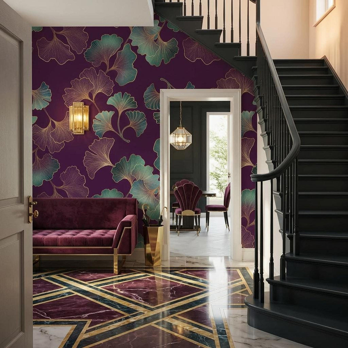 Art Deco Ginkgo Leaf Wallpaper Purple Gold Botanical Mural, Elegant Dark Floral Wall Decor, Luxury Bedroom Accent, Peel and Stick Paper