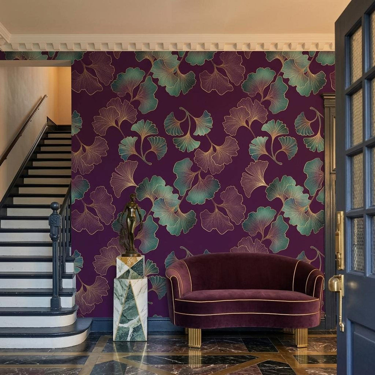 Art Deco Ginkgo Leaf Wallpaper Purple Gold Botanical Mural, Elegant Dark Floral Wall Decor, Luxury Bedroom Accent, Peel and Stick Paper