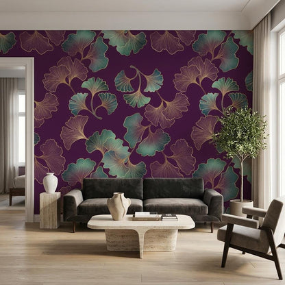 Art Deco Ginkgo Leaf Wallpaper Purple Gold Botanical Mural, Elegant Dark Floral Wall Decor, Luxury Bedroom Accent, Peel and Stick Paper