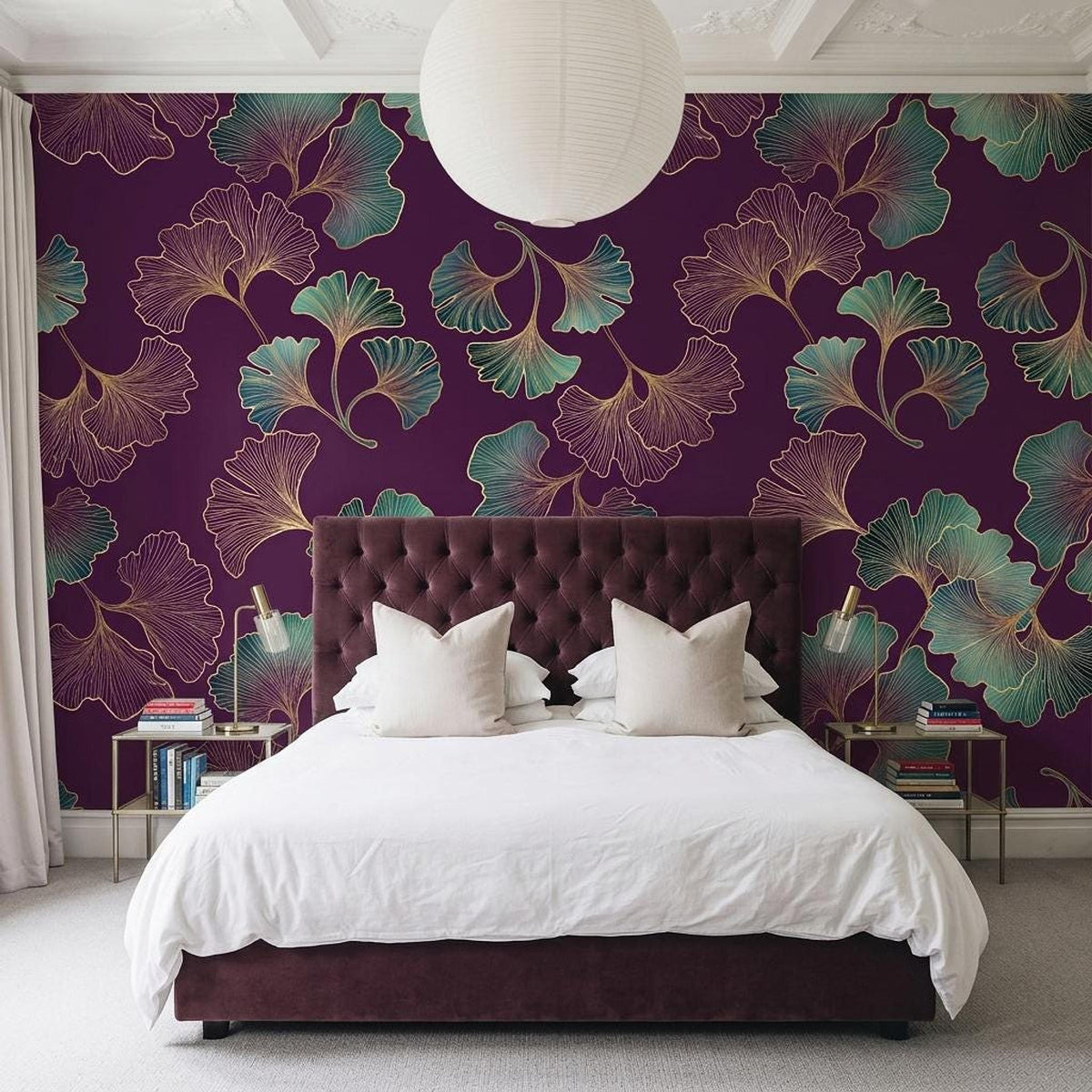 Art Deco Ginkgo Leaf Wallpaper Purple Gold Botanical Mural, Elegant Dark Floral Wall Decor, Luxury Bedroom Accent, Peel and Stick Paper