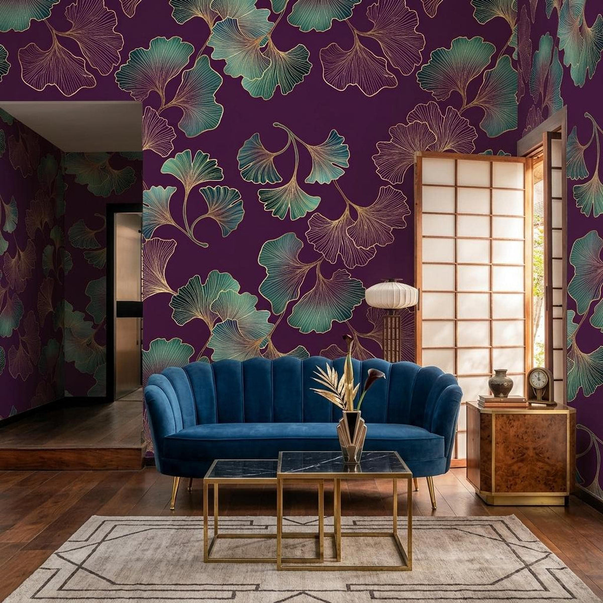 Art Deco Ginkgo Leaf Wallpaper Purple Gold Botanical Mural, Elegant Dark Floral Wall Decor, Luxury Bedroom Accent, Peel and Stick Paper