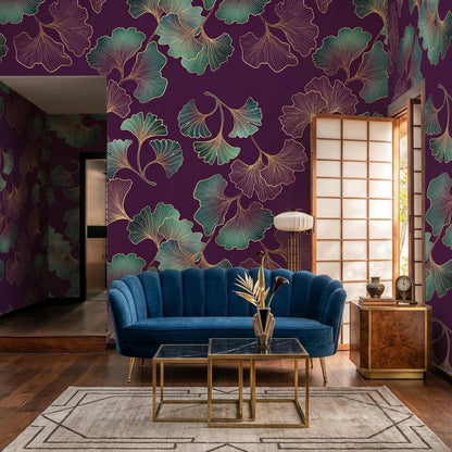 Art Deco Ginkgo Leaf Wallpaper Purple Gold Botanical Mural, Elegant Dark Floral Wall Decor, Luxury Bedroom Accent, Peel and Stick Paper