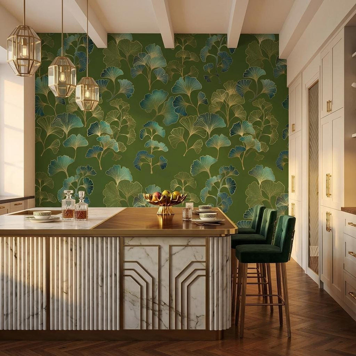 Ginkgo Leaf Art Deco Wallpaper Green Gold Floral Wall Mural, Vintage Luxury Home Decor, Removable Peel and Stick Wall Art