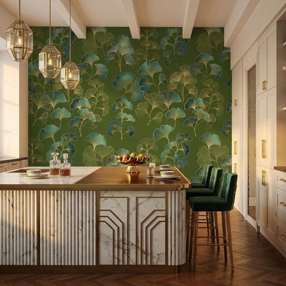 Ginkgo Leaf Art Deco Wallpaper Green Gold Floral Wall Mural, Vintage Luxury Home Decor, Removable Peel and Stick Wall Art
