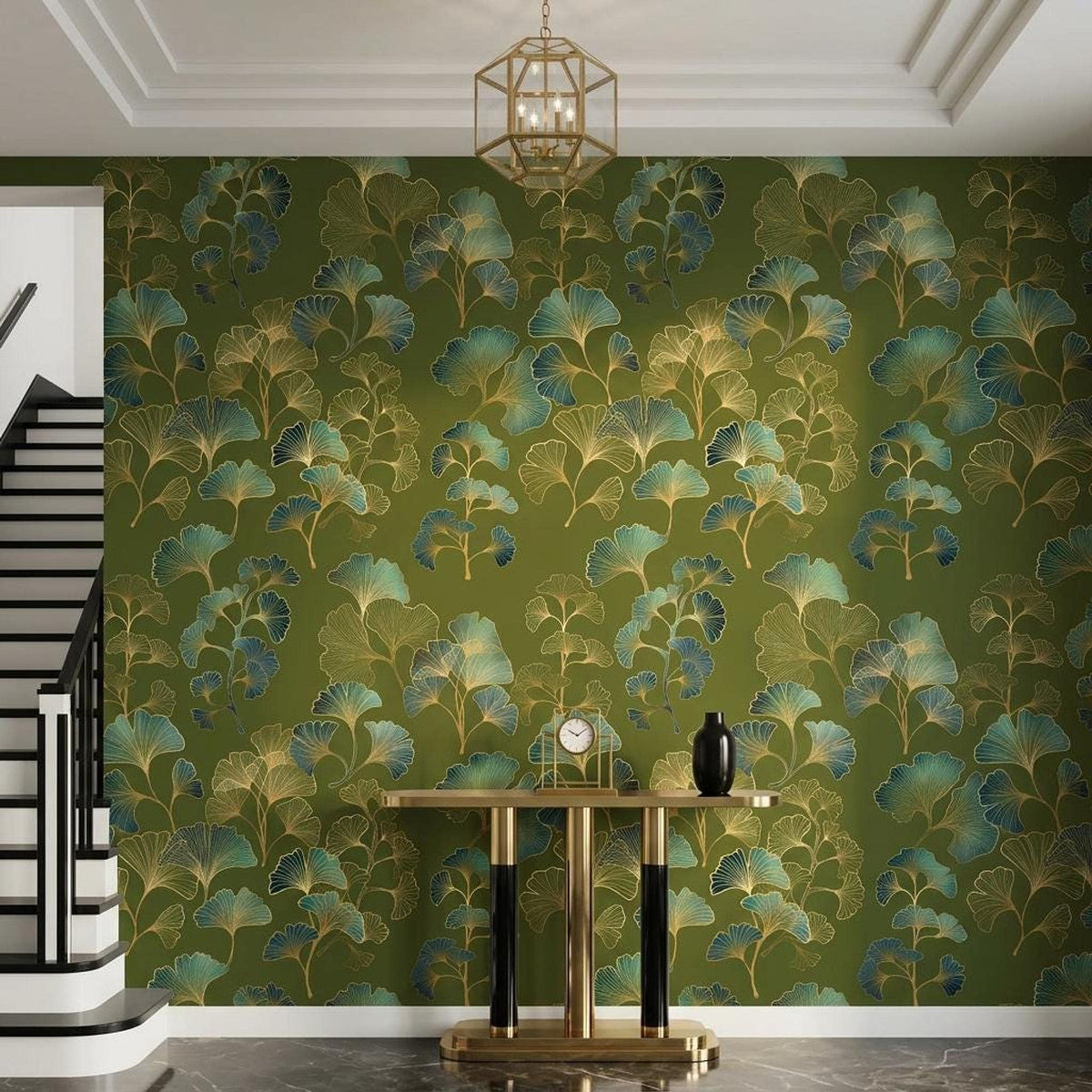 Ginkgo Leaf Art Deco Wallpaper Green Gold Floral Wall Mural, Vintage Luxury Home Decor, Removable Peel and Stick Wall Art