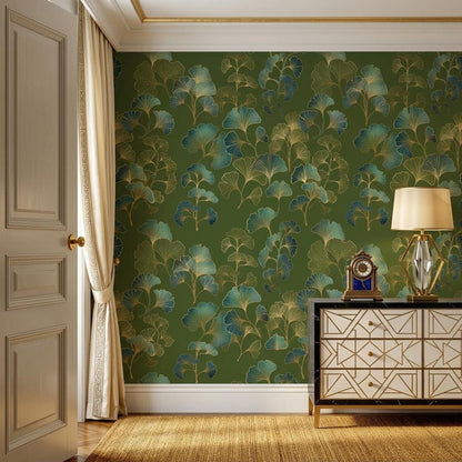 Ginkgo Leaf Art Deco Wallpaper Green Gold Floral Wall Mural, Vintage Luxury Home Decor, Removable Peel and Stick Wall Art