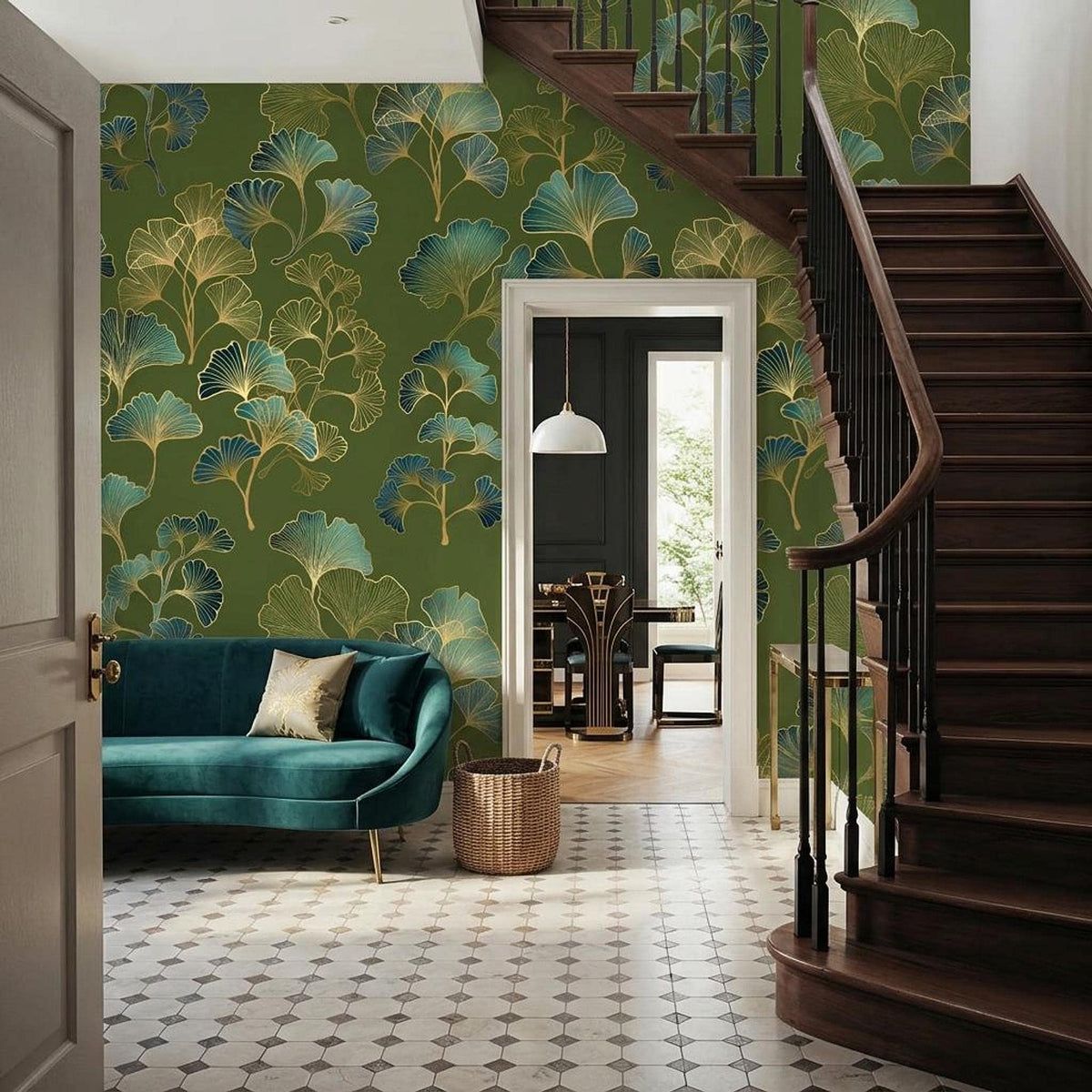 Ginkgo Leaf Art Deco Wallpaper Green Gold Floral Wall Mural, Vintage Luxury Home Decor, Removable Peel and Stick Wall Art