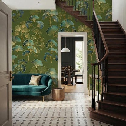 Ginkgo Leaf Art Deco Wallpaper Green Gold Floral Wall Mural, Vintage Luxury Home Decor, Removable Peel and Stick Wall Art