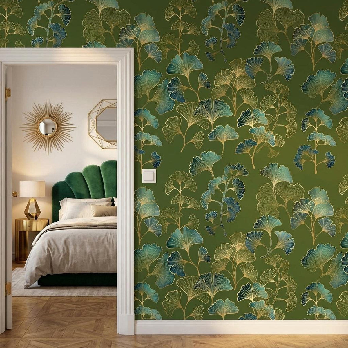 Ginkgo Leaf Art Deco Wallpaper Green Gold Floral Wall Mural, Vintage Luxury Home Decor, Removable Peel and Stick Wall Art