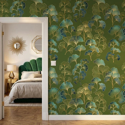 Ginkgo Leaf Art Deco Wallpaper Green Gold Floral Wall Mural, Vintage Luxury Home Decor, Removable Peel and Stick Wall Art