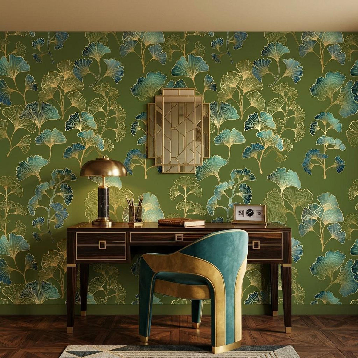 Ginkgo Leaf Art Deco Wallpaper Green Gold Floral Wall Mural, Vintage Luxury Home Decor, Removable Peel and Stick Wall Art