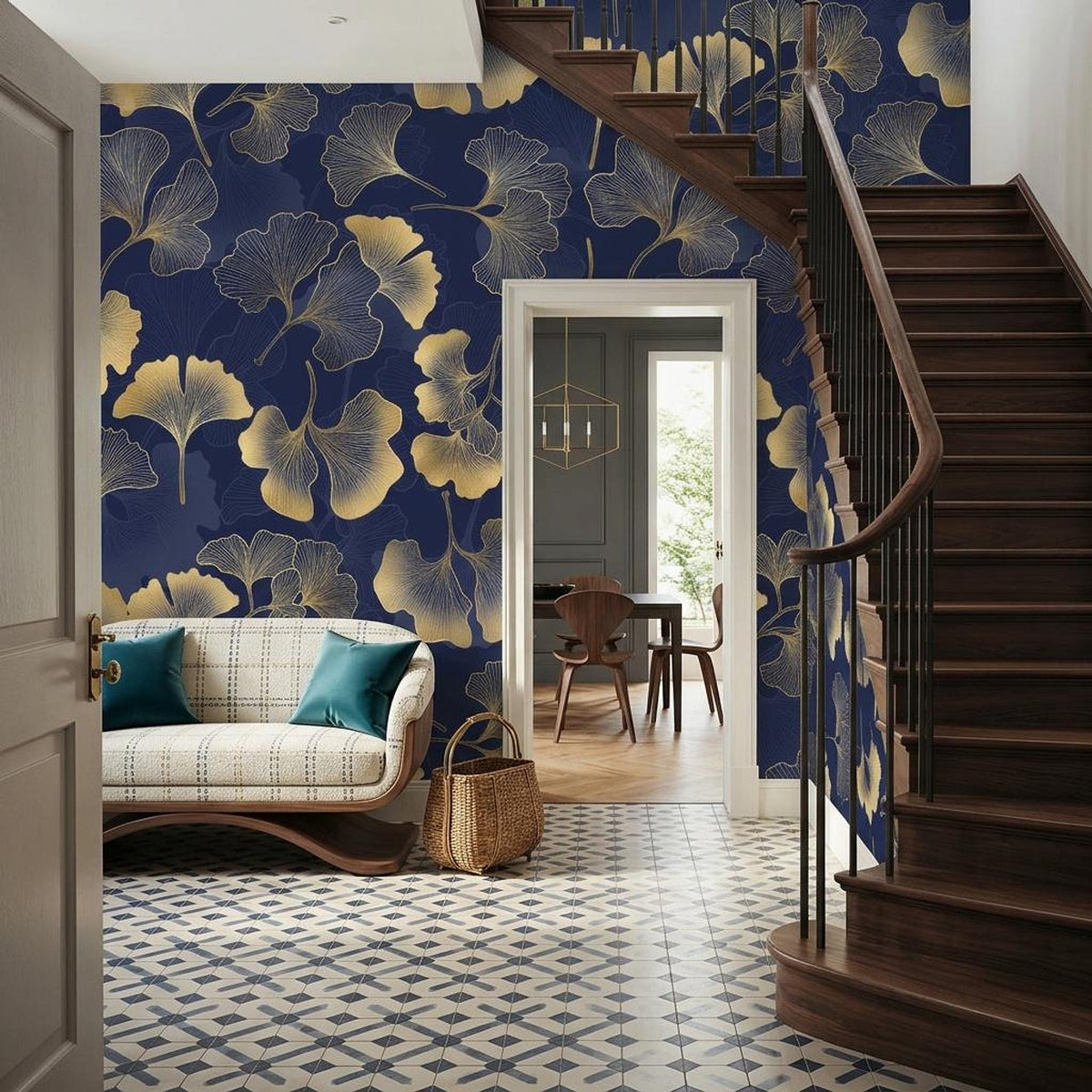 Gold Ginkgo Leaf Art Deco Wallpaper, Navy Botanical Wall Mural, Mid Century Modern Home Decor, Elegant Floral Peel and Stick Wall Art