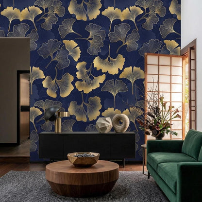 Gold Ginkgo Leaf Art Deco Wallpaper, Navy Botanical Wall Mural, Mid Century Modern Home Decor, Elegant Floral Peel and Stick Wall Art