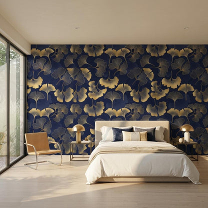 Gold Ginkgo Leaf Art Deco Wallpaper, Navy Botanical Wall Mural, Mid Century Modern Home Decor, Elegant Floral Peel and Stick Wall Art