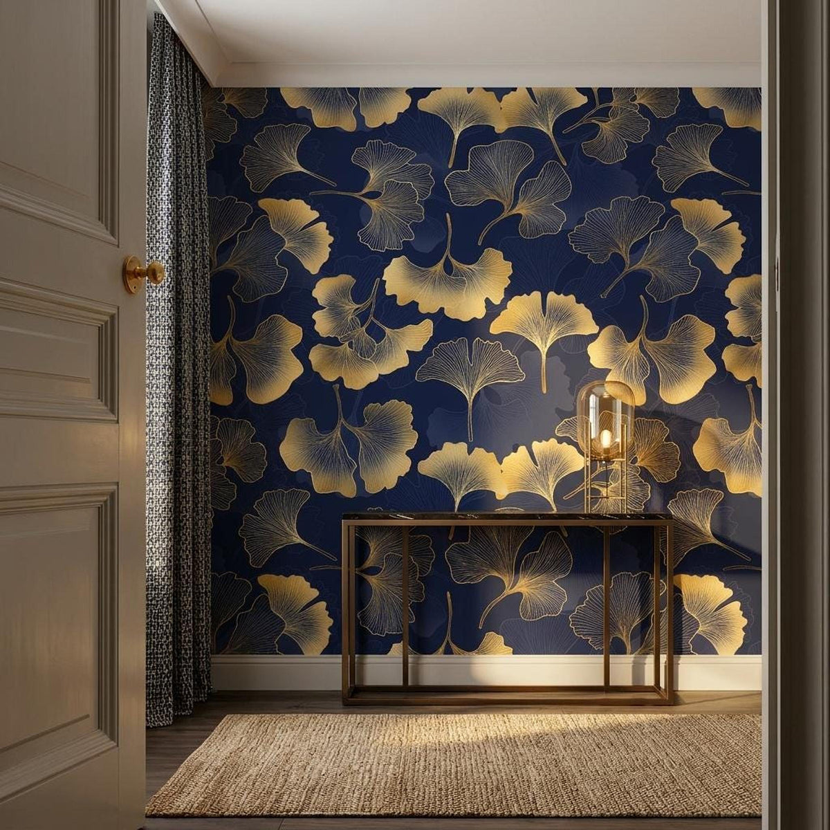 Gold Ginkgo Leaf Art Deco Wallpaper, Navy Botanical Wall Mural, Mid Century Modern Home Decor, Elegant Floral Peel and Stick Wall Art