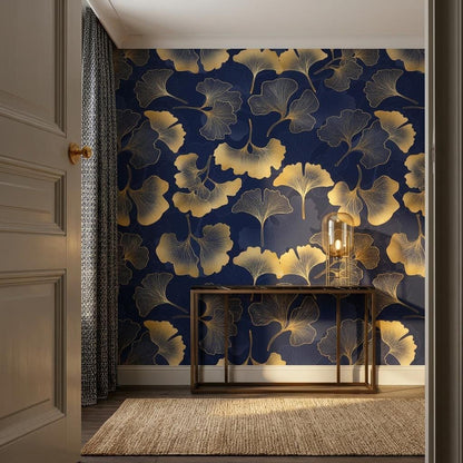 Gold Ginkgo Leaf Art Deco Wallpaper, Navy Botanical Wall Mural, Mid Century Modern Home Decor, Elegant Floral Peel and Stick Wall Art