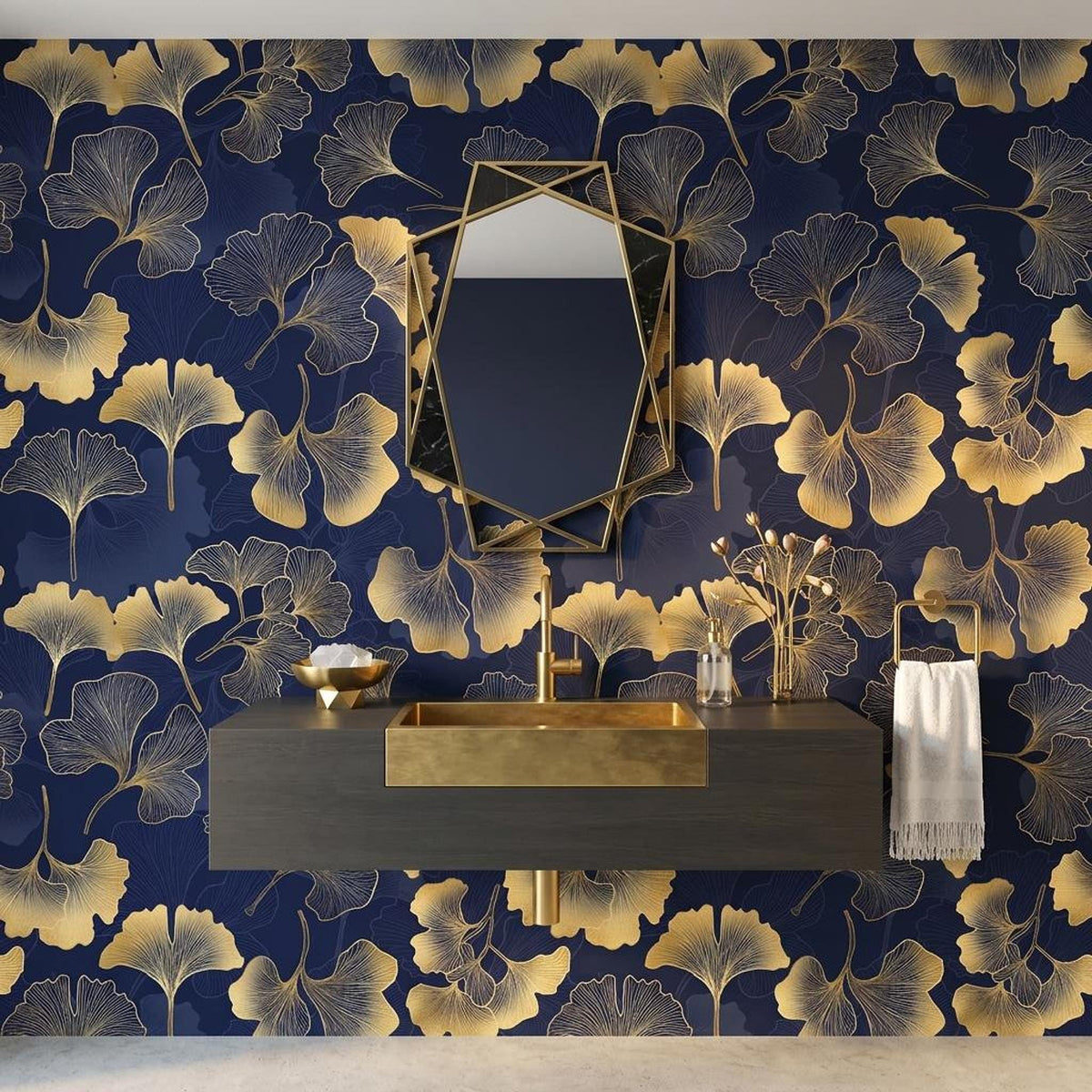 Gold Ginkgo Leaf Art Deco Wallpaper, Navy Botanical Wall Mural, Mid Century Modern Home Decor, Elegant Floral Peel and Stick Wall Art