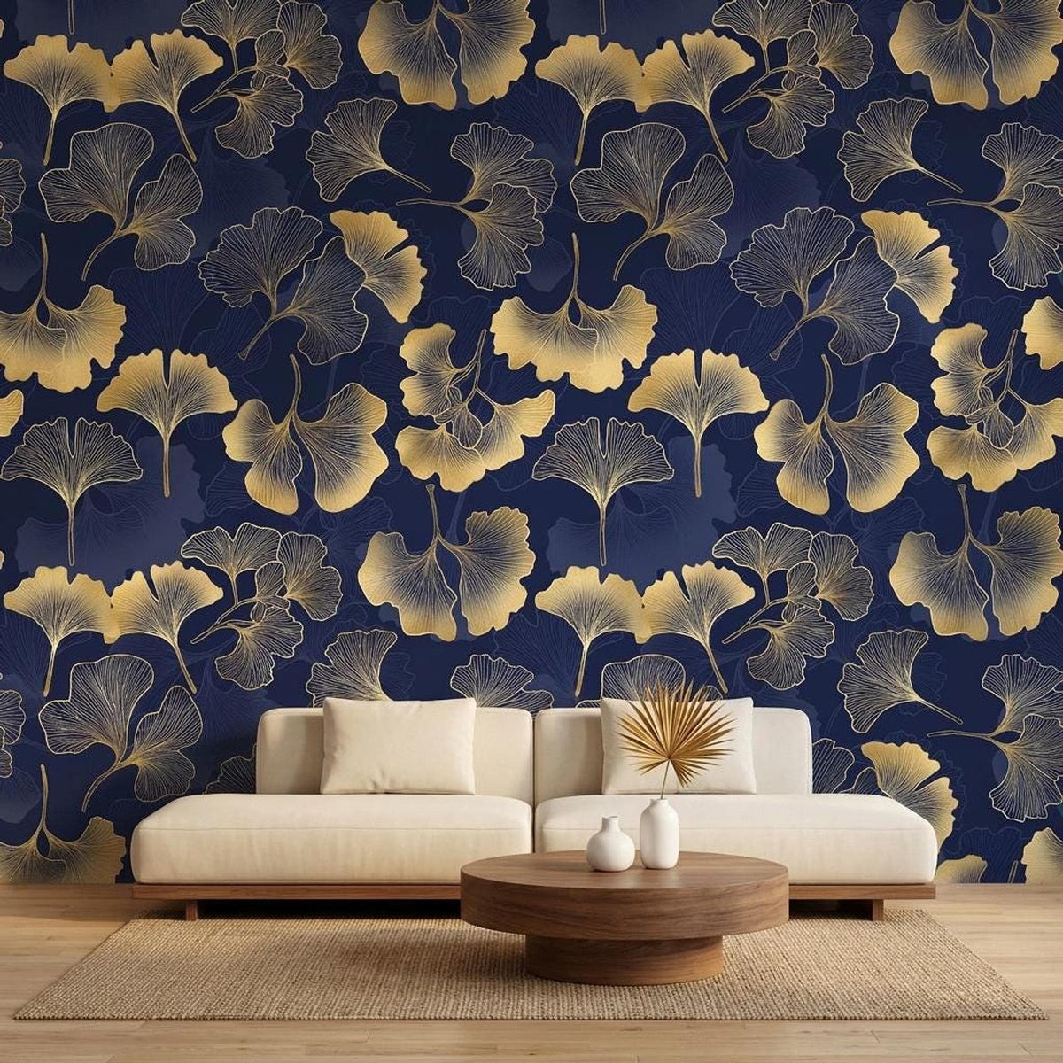 Gold Ginkgo Leaf Art Deco Wallpaper, Navy Botanical Wall Mural, Mid Century Modern Home Decor, Elegant Floral Peel and Stick Wall Art