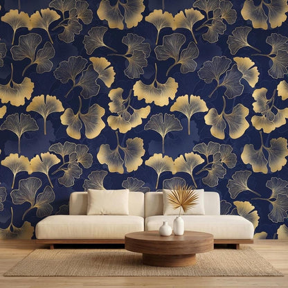 Gold Ginkgo Leaf Art Deco Wallpaper, Navy Botanical Wall Mural, Mid Century Modern Home Decor, Elegant Floral Peel and Stick Wall Art
