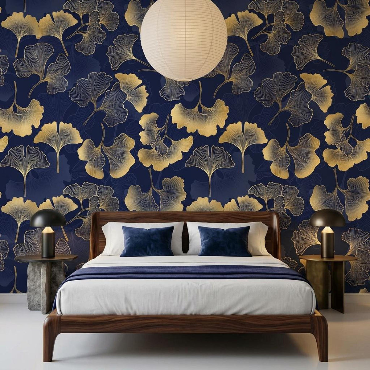 Gold Ginkgo Leaf Art Deco Wallpaper, Navy Botanical Wall Mural, Mid Century Modern Home Decor, Elegant Floral Peel and Stick Wall Art