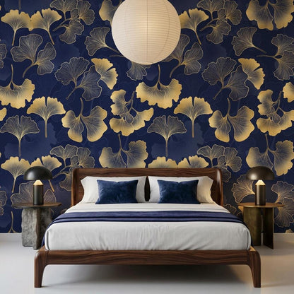 Gold Ginkgo Leaf Art Deco Wallpaper, Navy Botanical Wall Mural, Mid Century Modern Home Decor, Elegant Floral Peel and Stick Wall Art