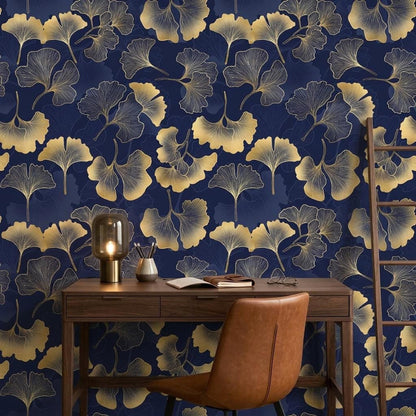 Gold Ginkgo Leaf Art Deco Wallpaper, Navy Botanical Wall Mural, Mid Century Modern Home Decor, Elegant Floral Peel and Stick Wall Art