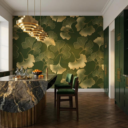Gold Ginkgo Leaf Art Deco Wallpaper, Dark Forest Green Botanical Mural, Luxury Nature Accent Wall