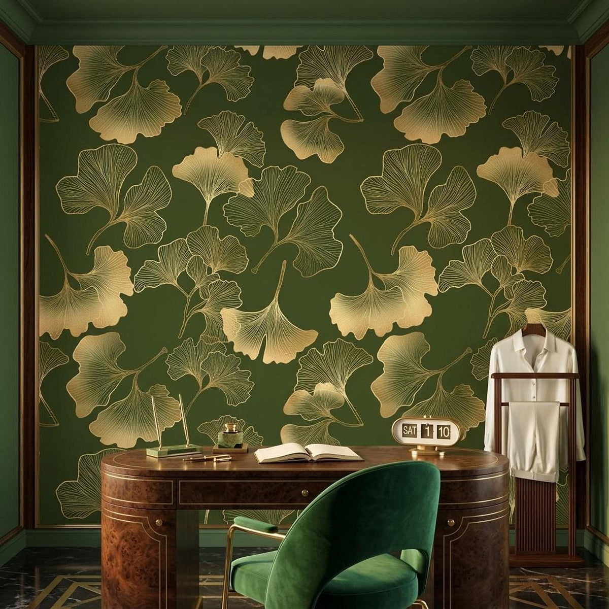 Gold Ginkgo Leaf Art Deco Wallpaper, Dark Forest Green Botanical Mural, Luxury Nature Accent Wall