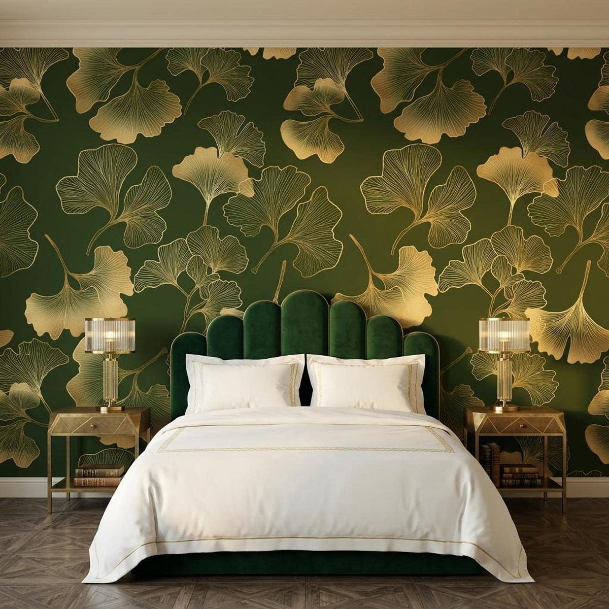 Gold Ginkgo Leaf Art Deco Wallpaper, Dark Forest Green Botanical Mural, Luxury Nature Accent Wall