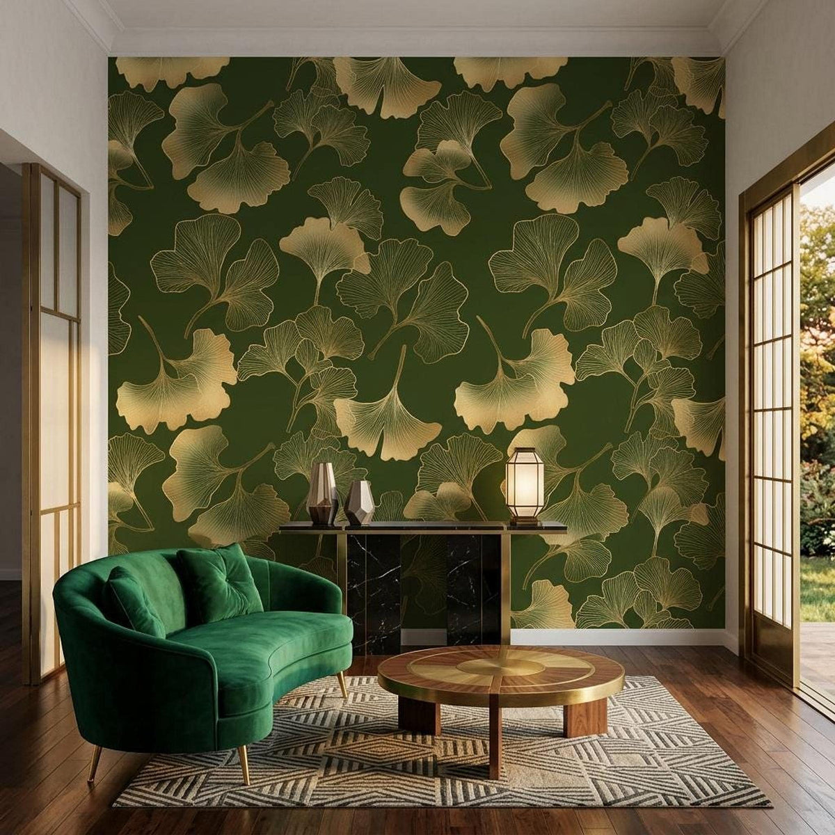 Gold Ginkgo Leaf Art Deco Wallpaper, Dark Forest Green Botanical Mural, Luxury Nature Accent Wall
