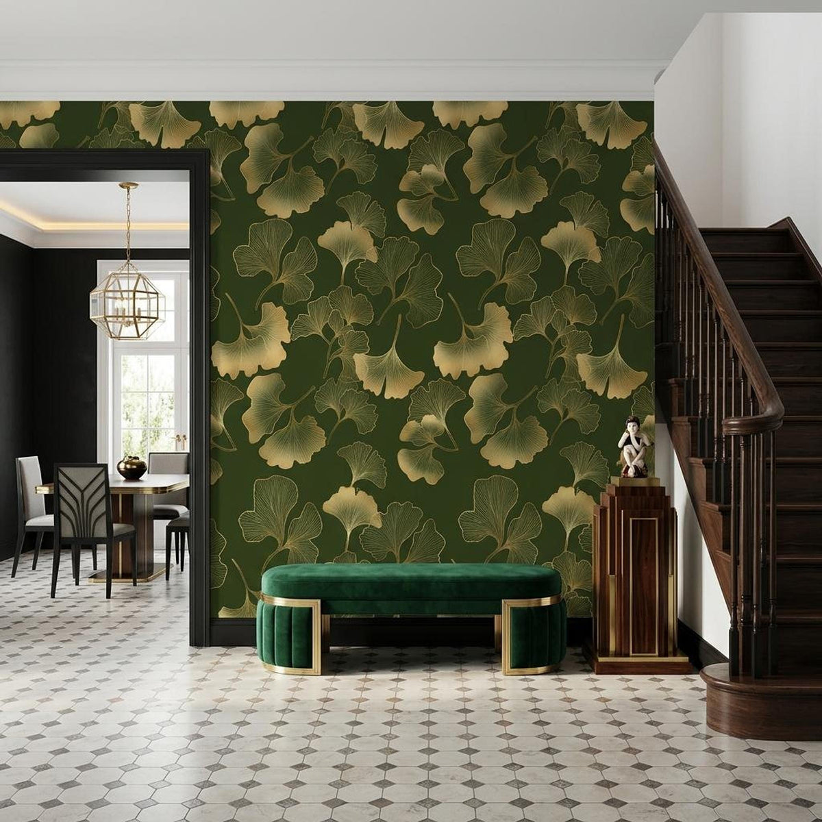 Gold Ginkgo Leaf Art Deco Wallpaper, Dark Forest Green Botanical Mural, Luxury Nature Accent Wall