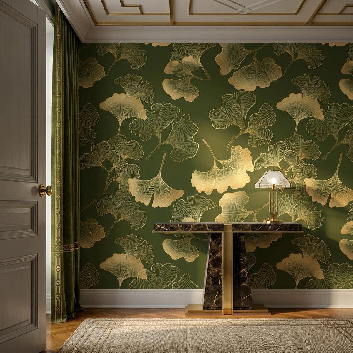 Gold Ginkgo Leaf Art Deco Wallpaper, Dark Forest Green Botanical Mural, Luxury Nature Accent Wall