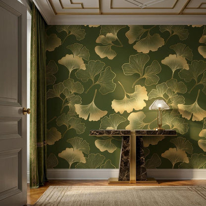 Gold Ginkgo Leaf Art Deco Wallpaper, Dark Forest Green Botanical Mural, Luxury Nature Accent Wall