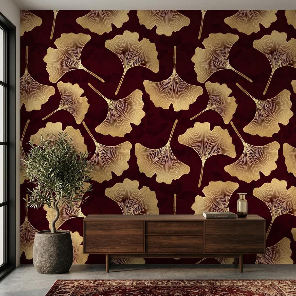 Art Deco Ginkgo Leaf Wallpaper, Burgundy Gold Botanical Mural (Custom Size)