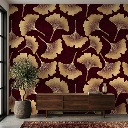 Art Deco Ginkgo Leaf Wallpaper, Burgundy Gold Botanical Mural (Custom Size)