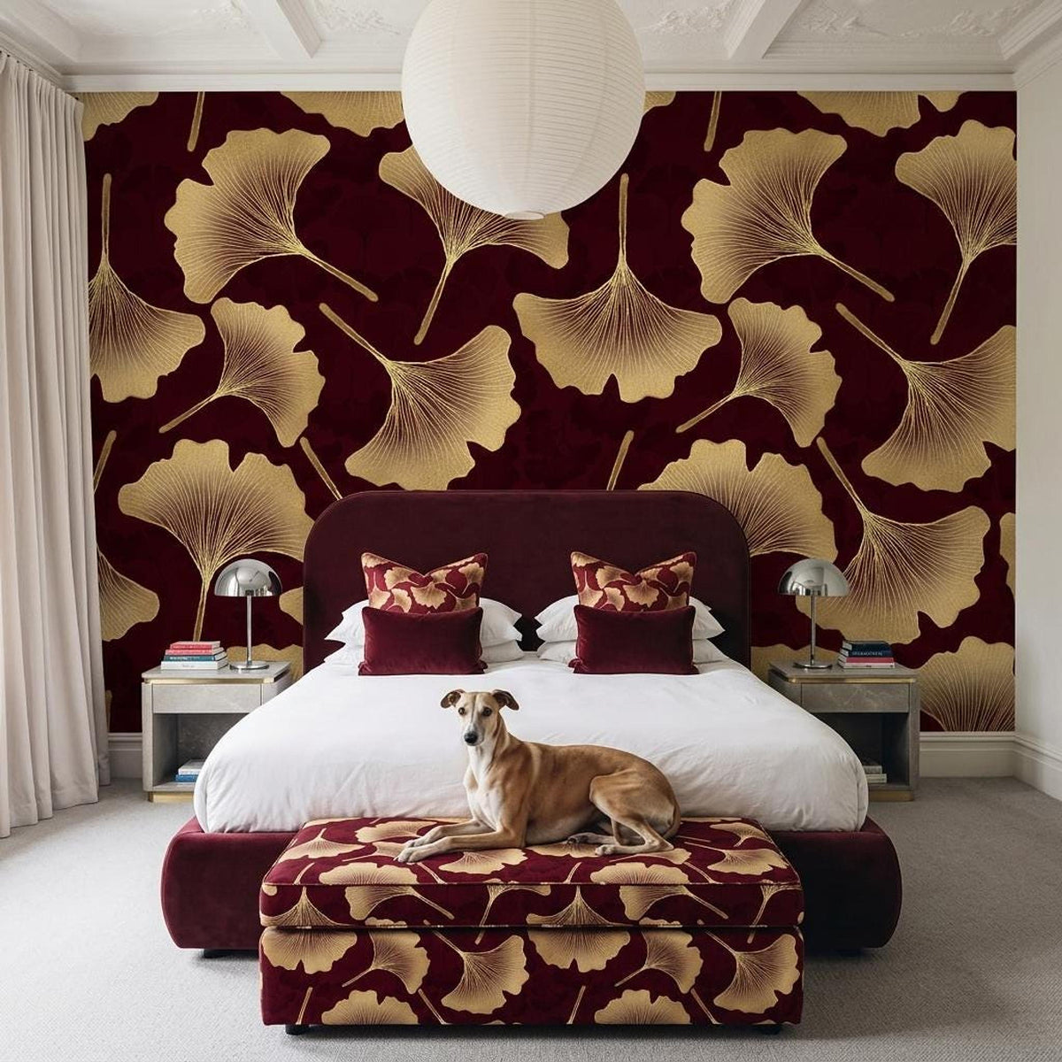 Art Deco Ginkgo Leaf Wallpaper, Burgundy Gold Botanical Mural (Custom Size)