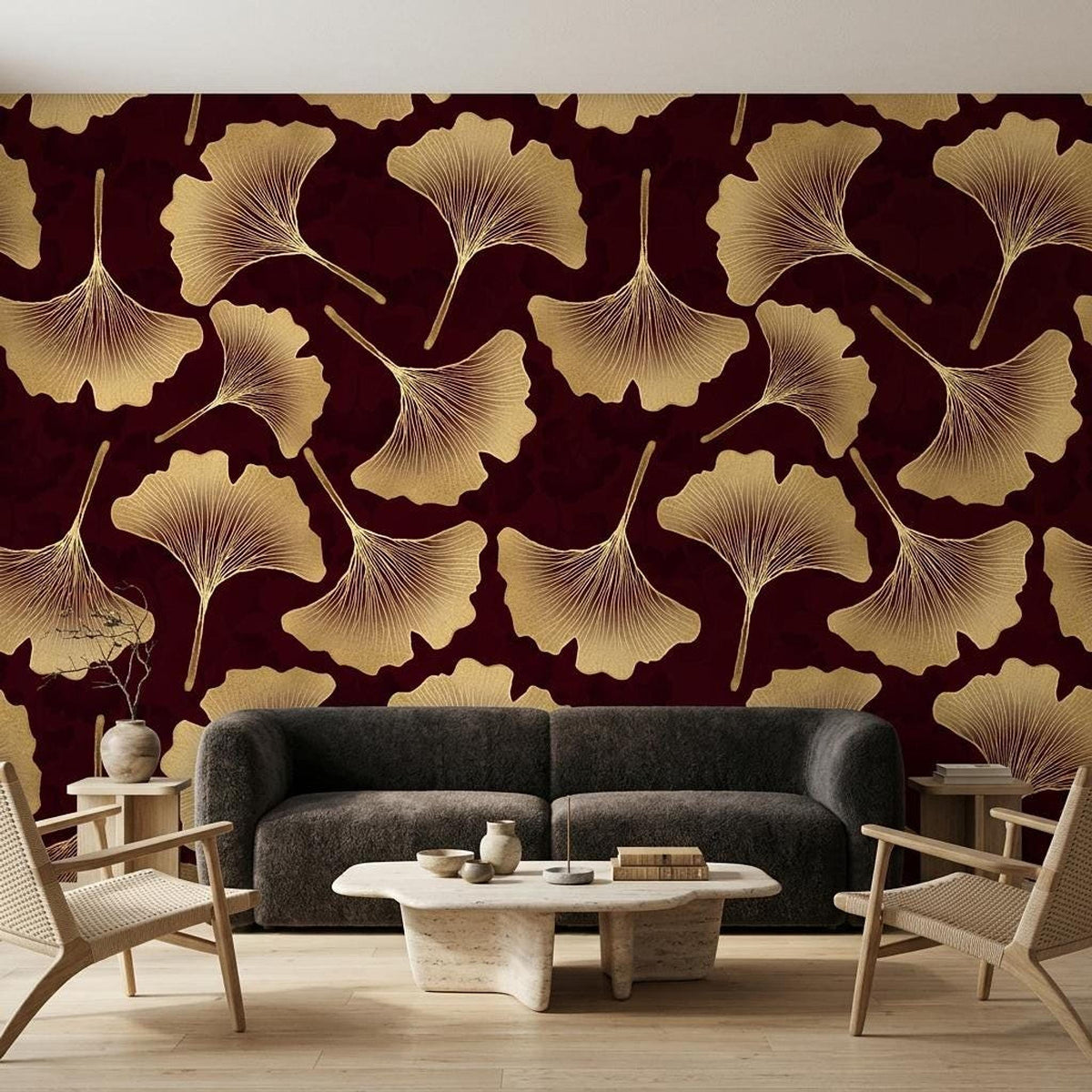 Art Deco Ginkgo Leaf Wallpaper, Burgundy Gold Botanical Mural (Custom Size)