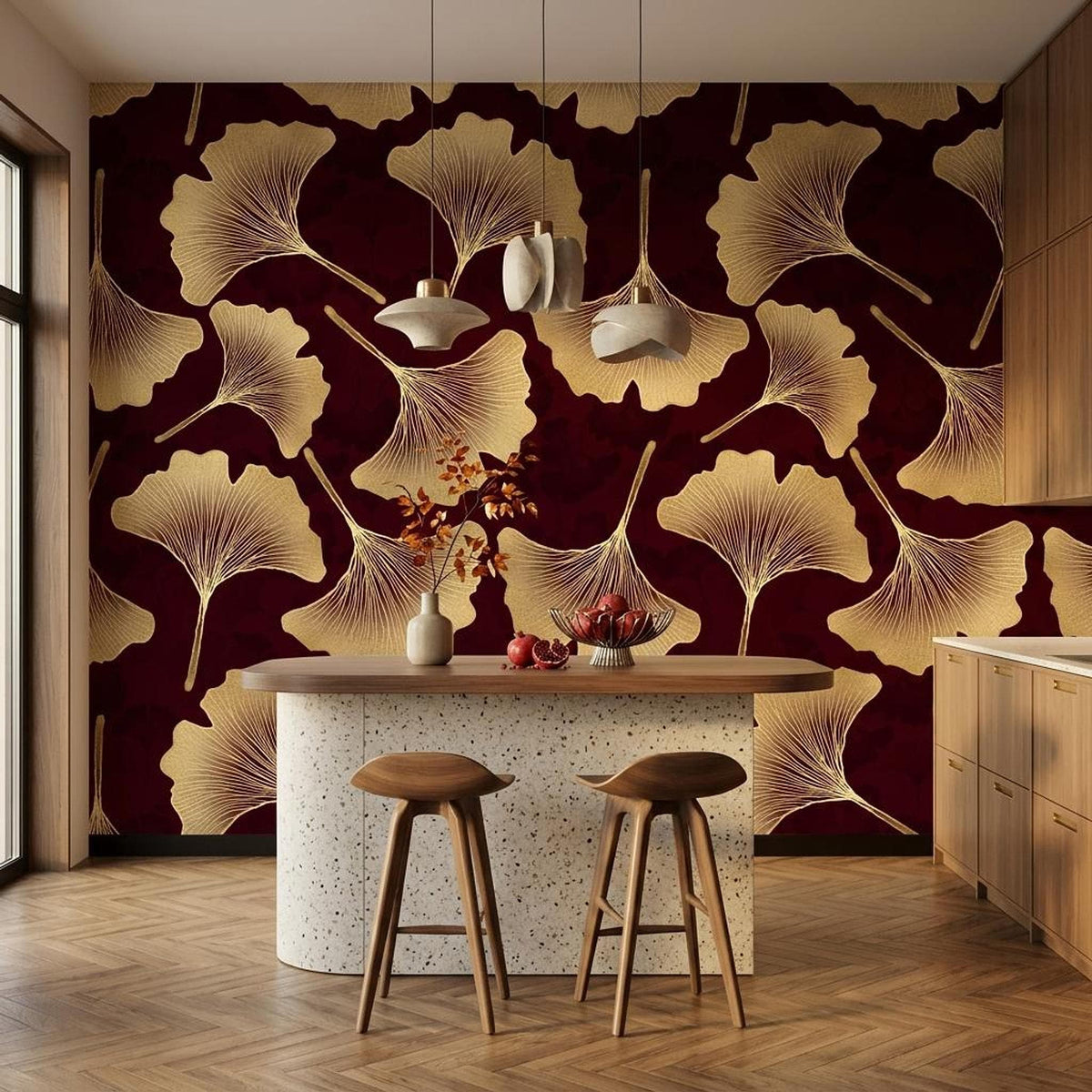 Art Deco Ginkgo Leaf Wallpaper, Burgundy Gold Botanical Mural (Custom Size)