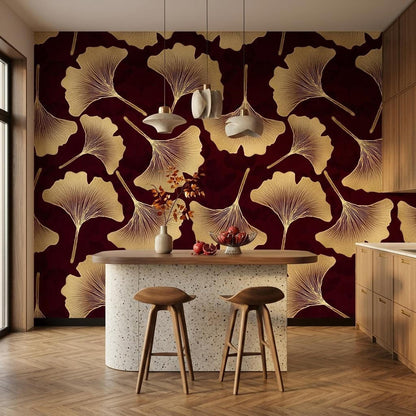 Art Deco Ginkgo Leaf Wallpaper, Burgundy Gold Botanical Mural (Custom Size)